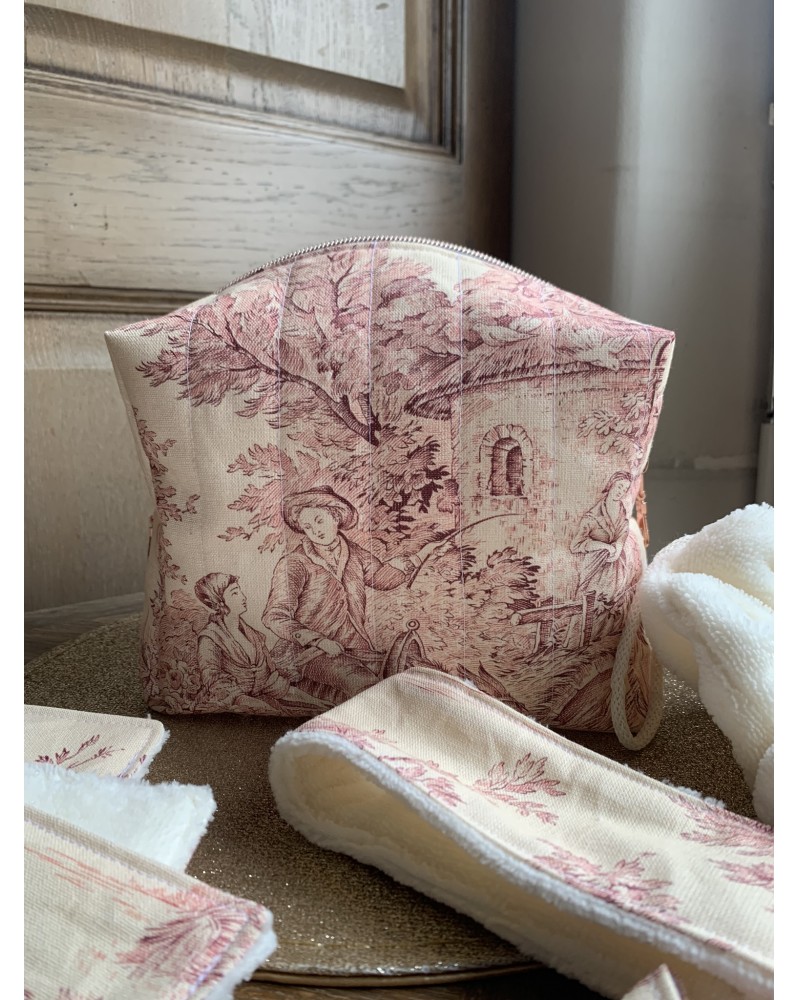 Coffret Trousse de Toilette Livia & ses accessoires "Toile de Jouy Rouge"