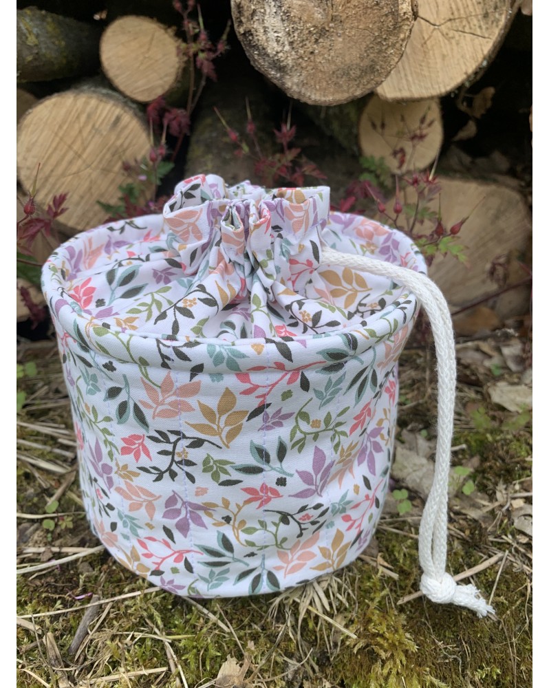 Pochon rond "Adèle" Petites feuilles roses