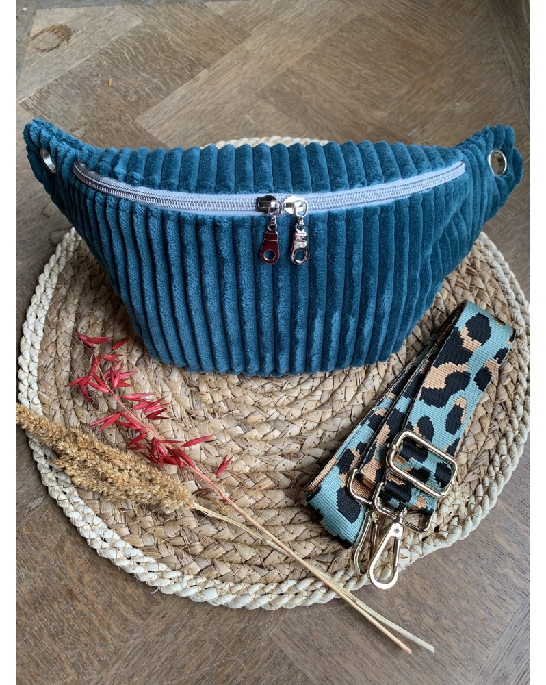 Sac Banane Zoé "Velours Minky Bleu"